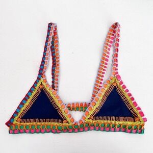 Kiini Crochet Bikini Top Women Large Navy Blue Multi Color Boho Festival Summer